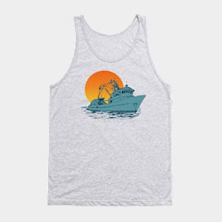 hand drawing fishing boat retro sunset Tank Top